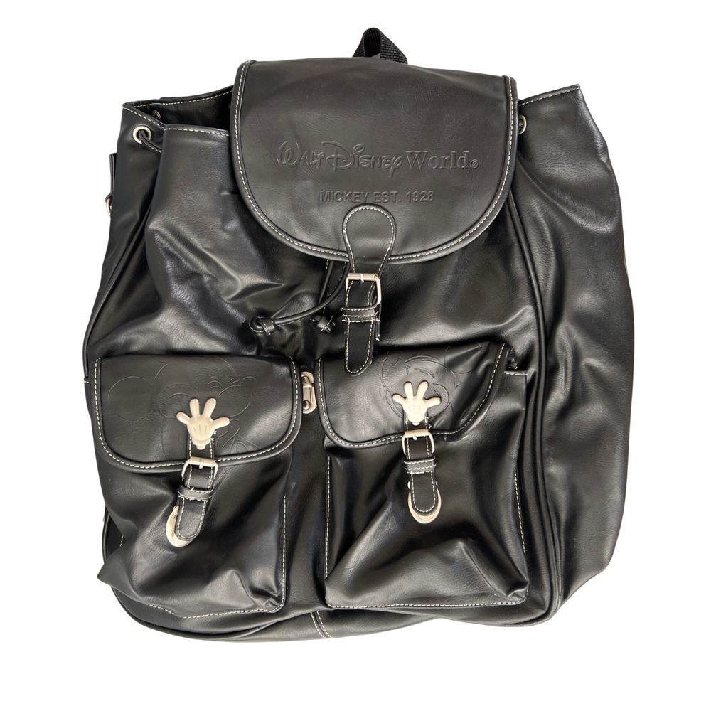 Walt Disney World Mickey Mouse Black Faux Leather Rucksack Backpack Vintage